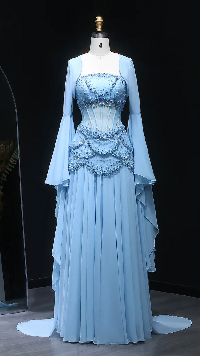 Sky Blue Layered Corset Dress with Pearls and Beads