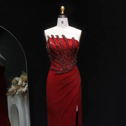 Flame of Elegance” Dress Burgundy Embellished with Crystals Featuring a Side Slit