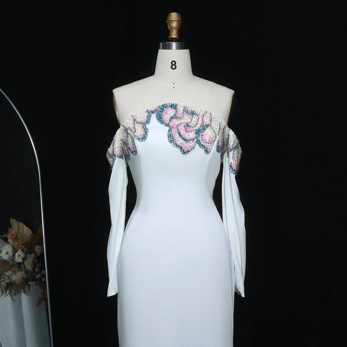 “Petal Edge” Sleek Gown with Off-Shoulder Sleeves and Crystal Floral Embroidery