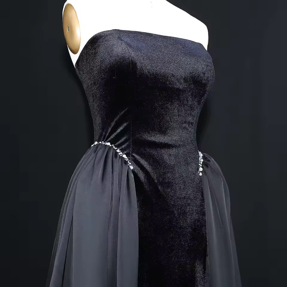 Velvet Strapless Gown with Draped Chiffon Panels and Crystal-Embellished Waist