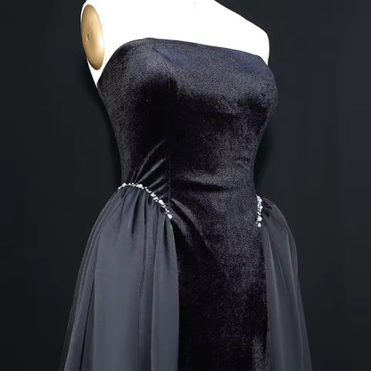 Velvet Strapless Gown with Draped Chiffon Panels and Crystal-Embellished Waist