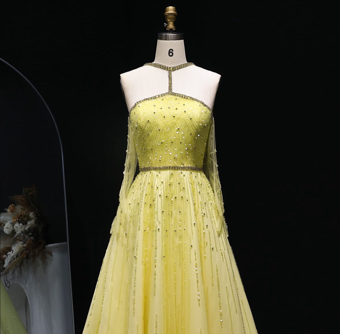 Yellow Beaded Dress with Gloves and Unique Neckline