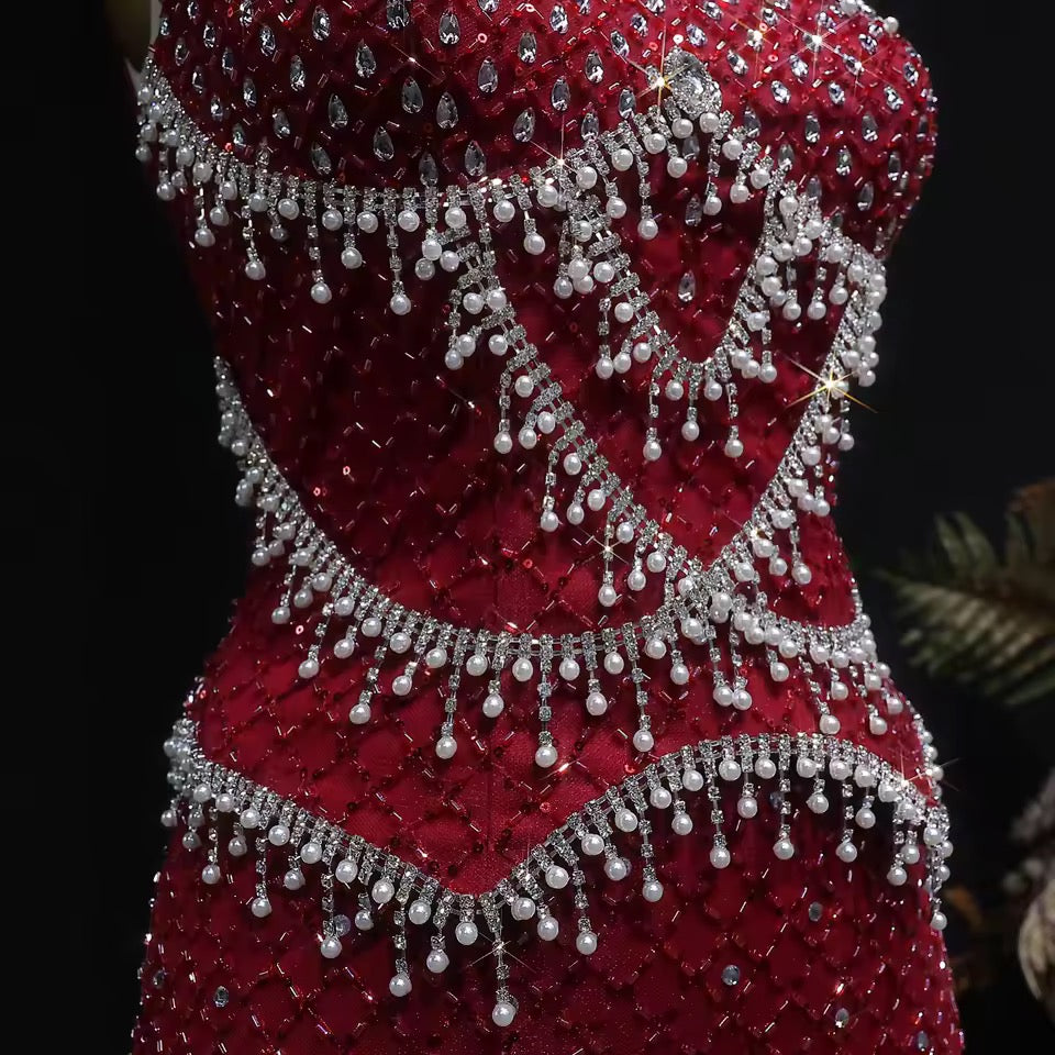 Luxury Beaded Crystal Long Straight Evening Dress