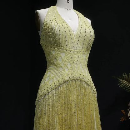 Geometric Beaded Bodice Gown with Cascading Bead Fringes