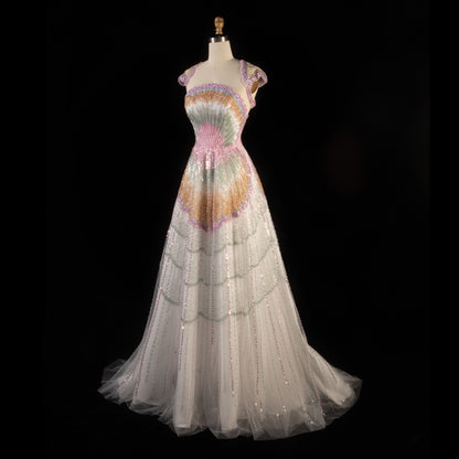 Pastel Sequin Embroidered Cloche Evening Gown with Cap Sleeves