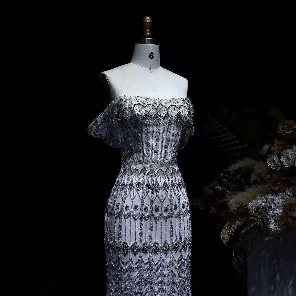 Crystal Glow” Gown – Off-shoulder embellished evening dress, available in two sleeve styles