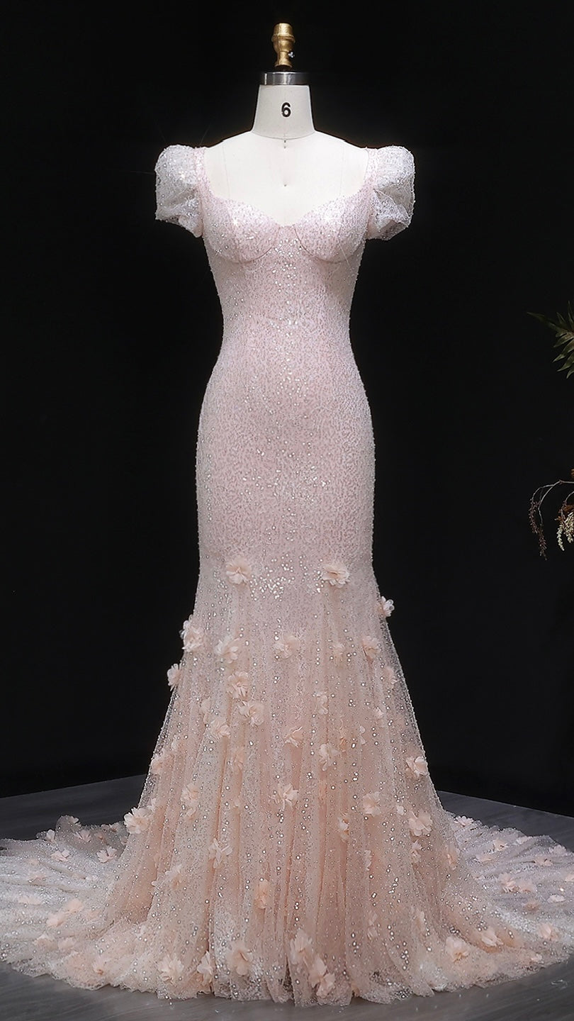 Sparkling 3D Floral Appliqué Beaded Tulle Mermaid Dress