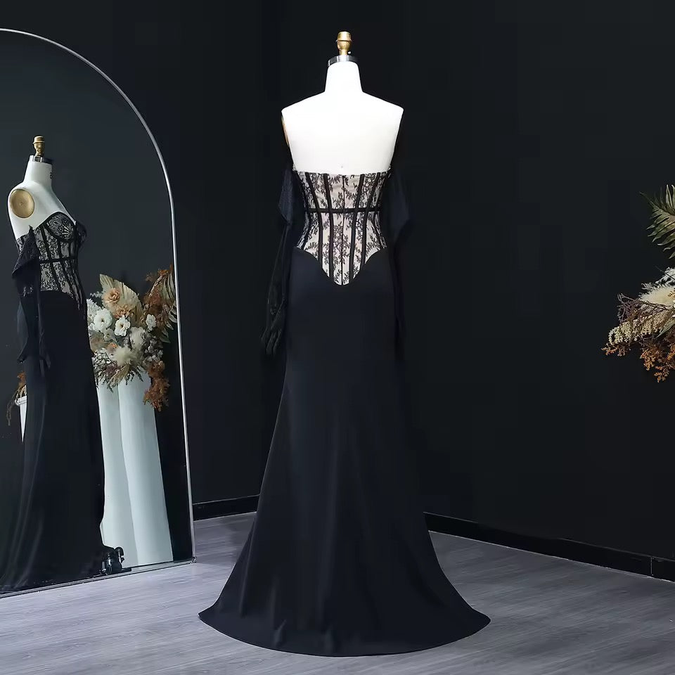 Corset Gown with Sheer Bodice and Draped Lace Gloves