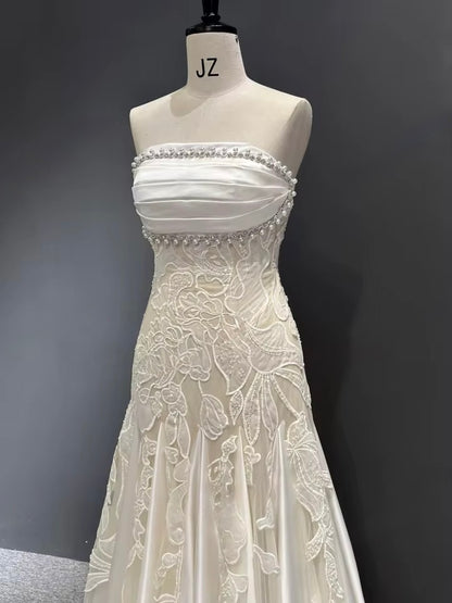 Pearl-Trimmed Strapless Gown with Lace Appliqué & Satin Panels