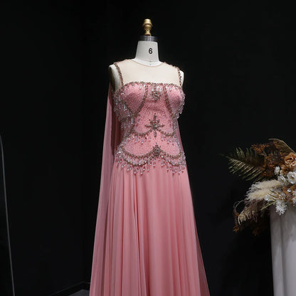 Dusty Rose Pleated Chiffon Gown with Chandelier Beading