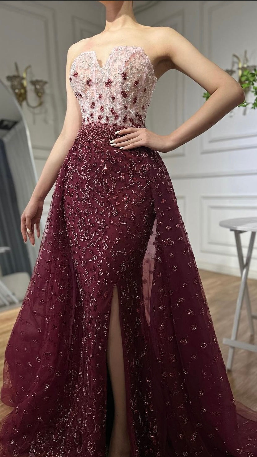 ‏Elegant Burgundy-Blue Ball Gown with Embellished Corset