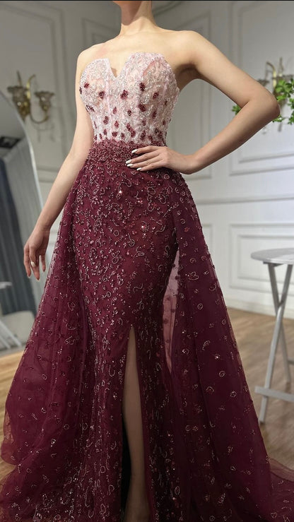 ‏Elegant Burgundy-Blue Ball Gown with Embellished Corset