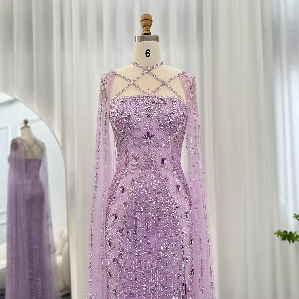 Elegant Beaded Gown with Open Sleeves and Crystal Detailing