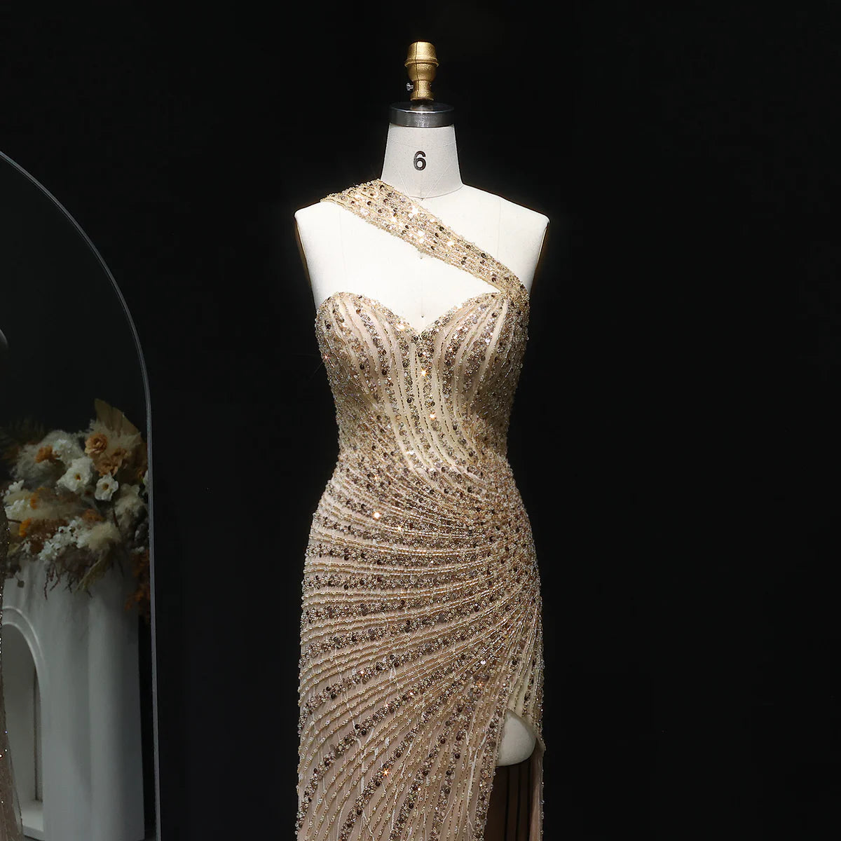 “Golden Flare” Gown Sculpted Sparkle with Luxe Beading