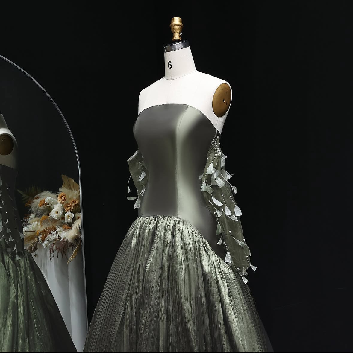 “Olive Glint” Strapless Gown with Sheer Gloves and Crinkled Metallic Skirt