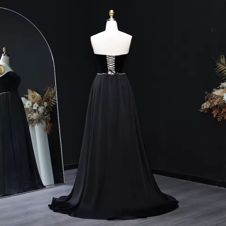 Velvet Strapless Gown with Draped Chiffon Panels and Crystal-Embellished Waist