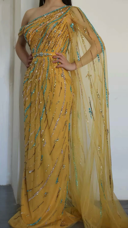 Luxury Gold Yellow Evening Dress with Cape One Shoulder