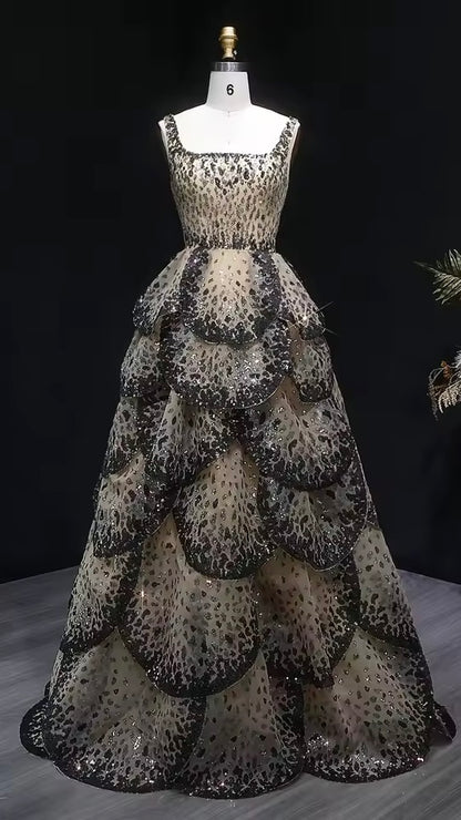 Luxury Champagne & Black Sequin Gown with Scalloped Tiers