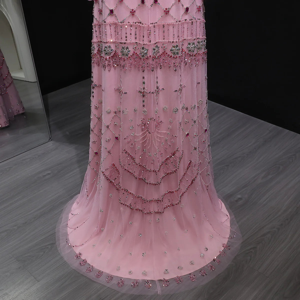 Pink Long-Sleeve Tiered Beaded Gown