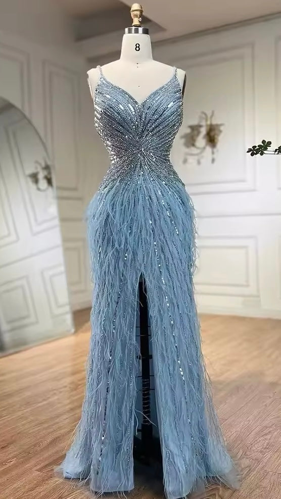 Luxury dress decorated with crystal and feathers