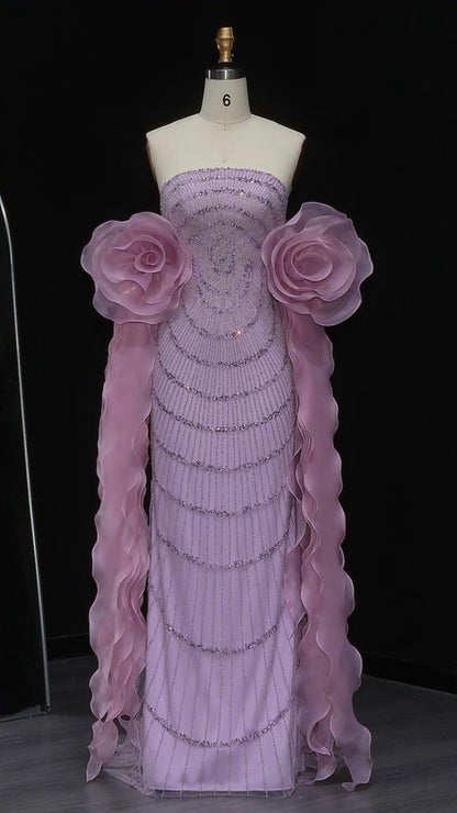 Strapless purple evening gown with 3D floral ruffles