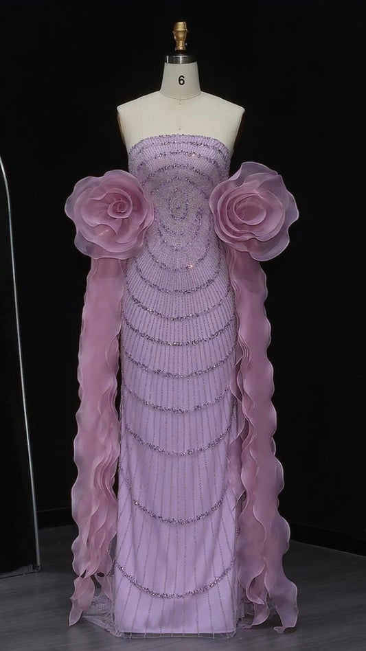 Strapless purple evening gown with 3D floral ruffles