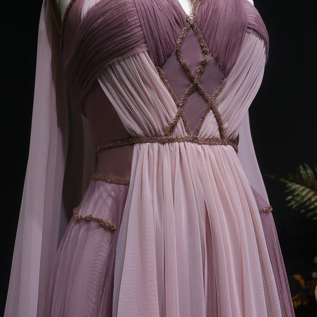 Pink Grecian Draped Gown with Chiffon Cape and Criss-Cross Back Detail