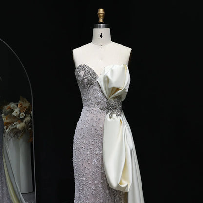 Strapless Crystal Gown with Satin Side Bow and Train