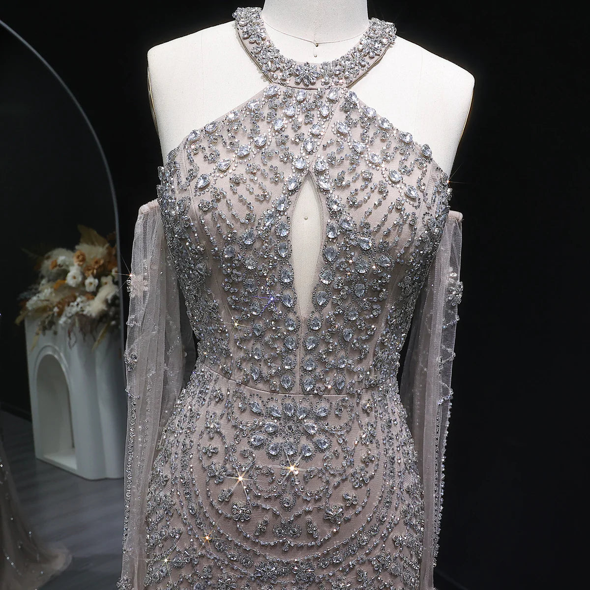 Crystal Embellished Gown with Draped Crystal Gloves and High Neck Cutout Detail