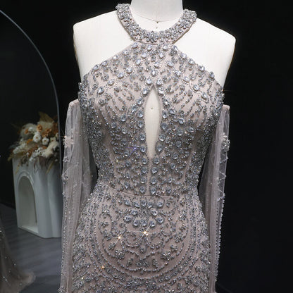 Crystal Embellished Gown with Draped Crystal Gloves and High Neck Cutout Detail
