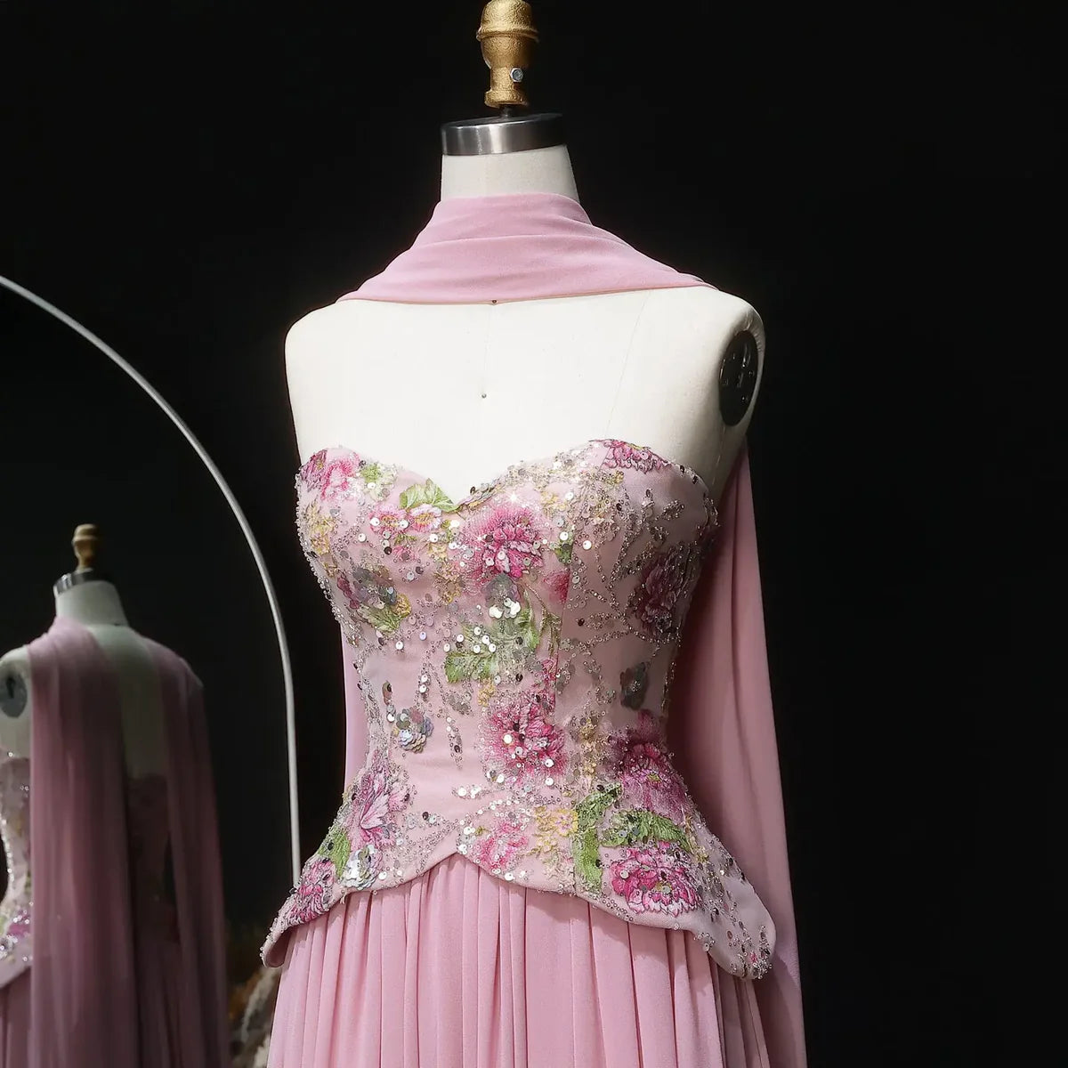 Luxury Form-Fitting Gown with Draped Scarf Train and Crystal-Floral Bodice
