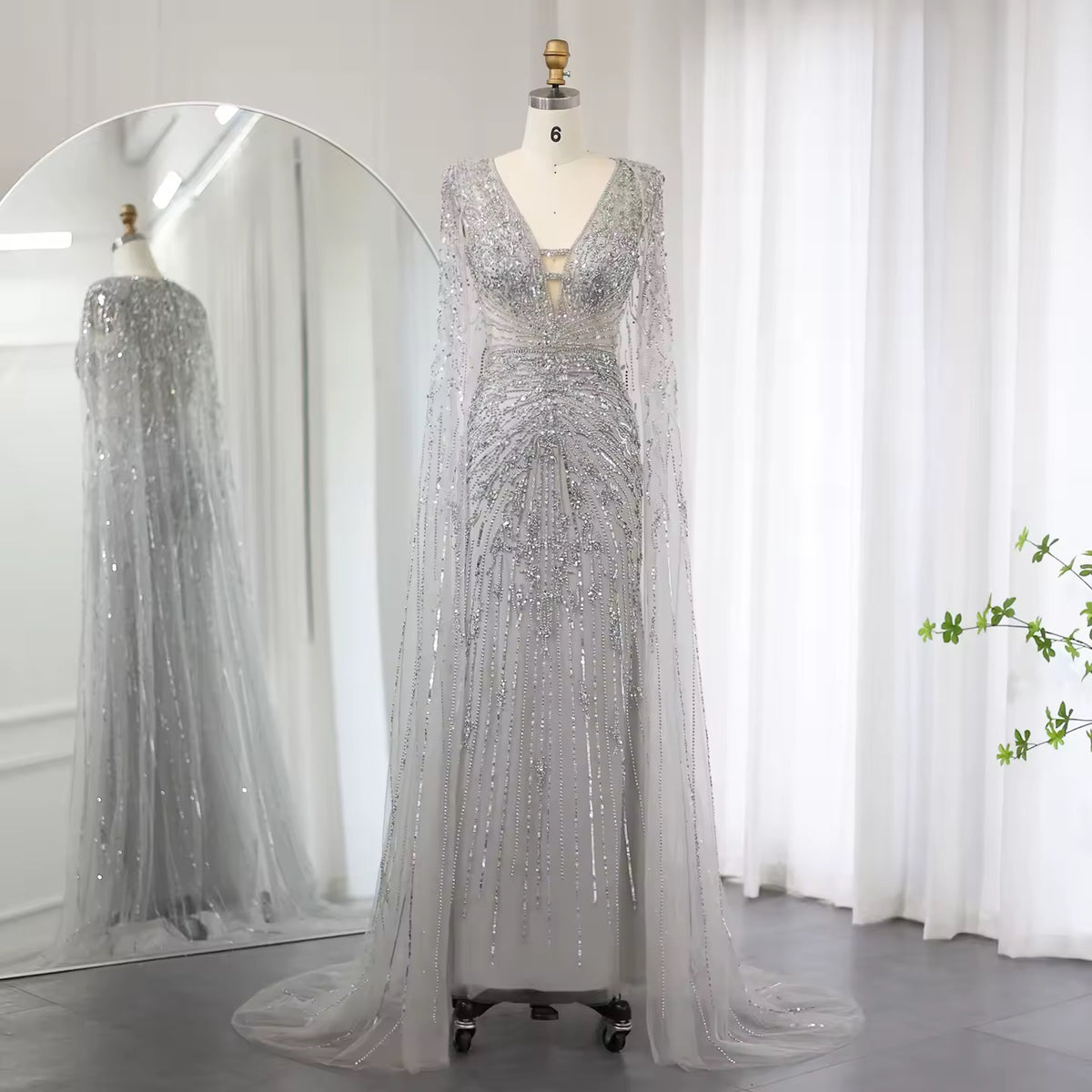 Luxury Evening Dress with Cape V-Neck