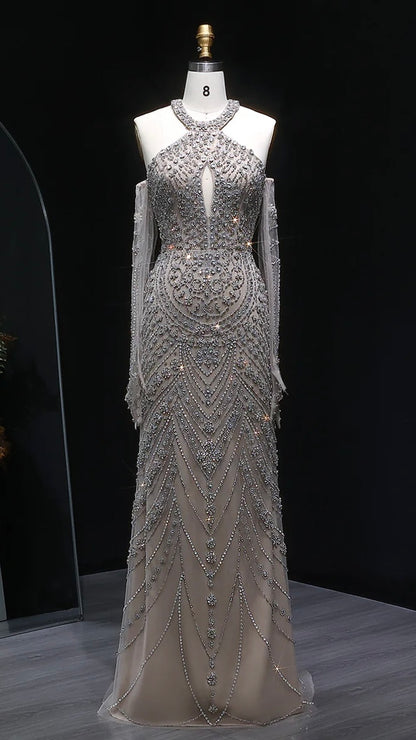 Crystal Embellished Gown with Draped Crystal Gloves and High Neck Cutout Detail