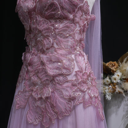 Lavender Tulle Gown with 3D Floral Appliques and Matching Neck Wrap