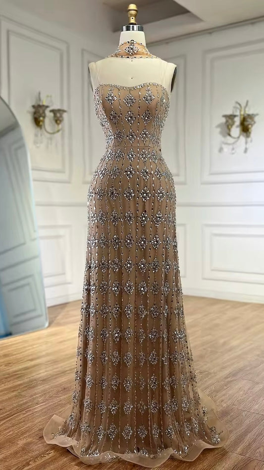 Nude Strapless Beaded A-Line Evening Dress