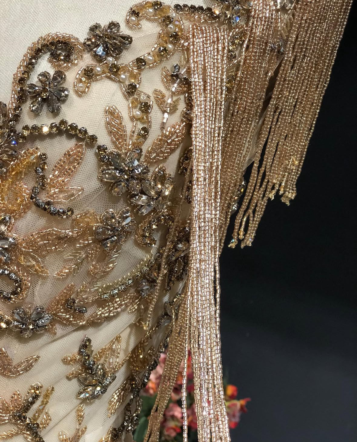 Hand-Embroidered Champagne Gold Fringe Couture Gown