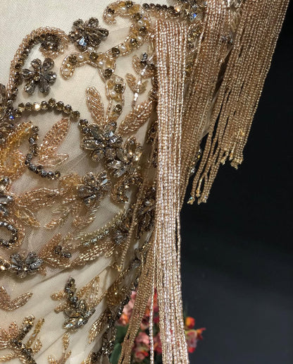 Hand-Embroidered Champagne Gold Fringe Couture Gown