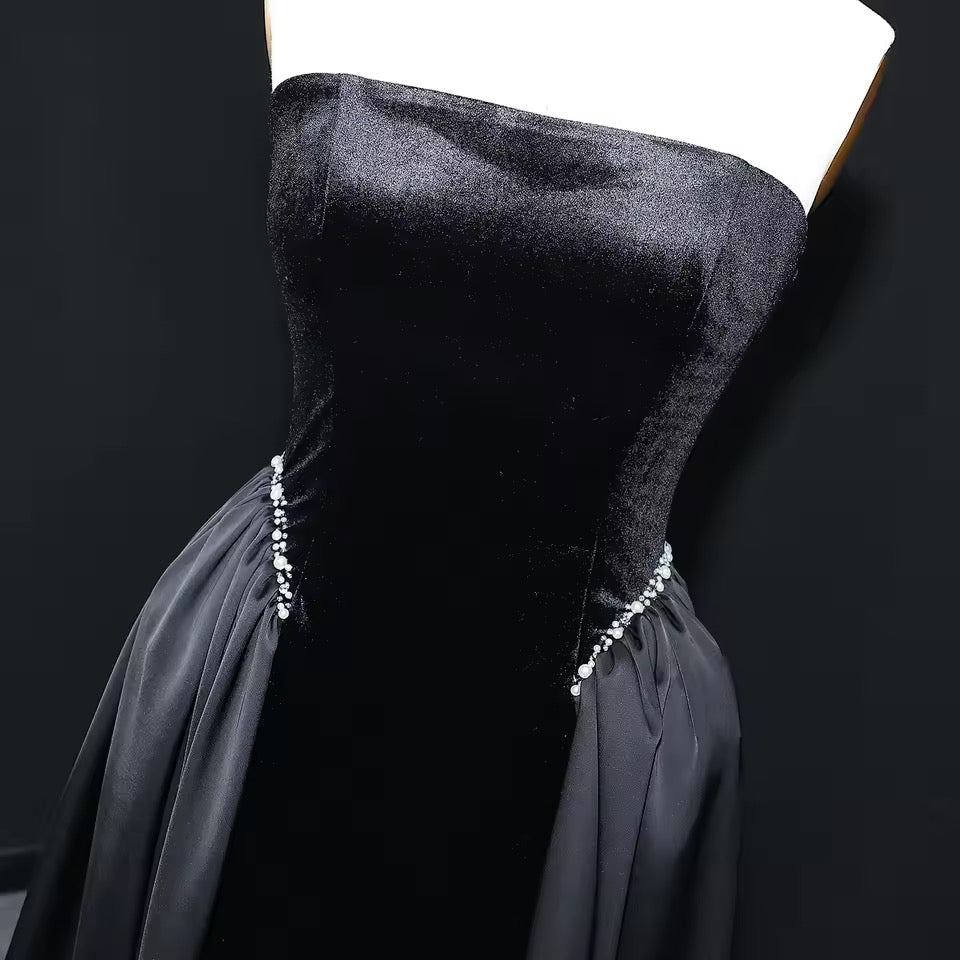 Velvet Strapless Gown with Draped Chiffon Panels and Crystal-Embellished Waist