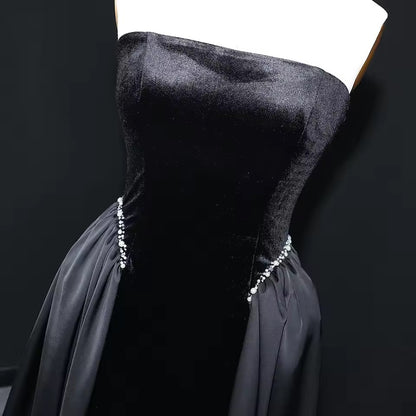 Velvet Strapless Gown with Draped Chiffon Panels and Crystal-Embellished Waist