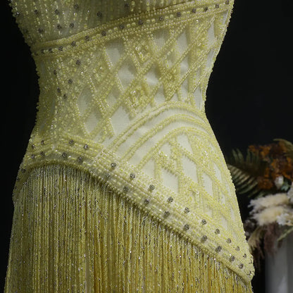 Geometric Beaded Bodice Gown with Cascading Bead Fringes
