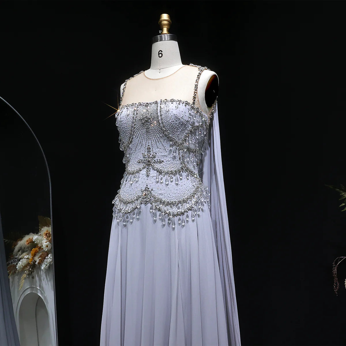 Dusty Rose Pleated Chiffon Gown with Chandelier Beading