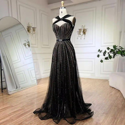 Black Sleeveless A-Line Luxury Beaded Evening Dresses