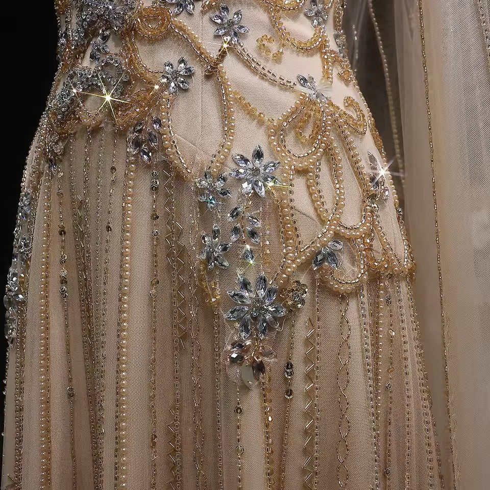 Luxury Champagne Crystal Evening Gown with Sheer Cape