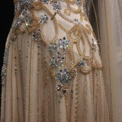 Luxury Champagne Crystal Evening Gown with Sheer Cape