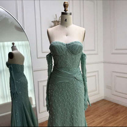 Sage Green Embellished Gown with Coordinated Gloves