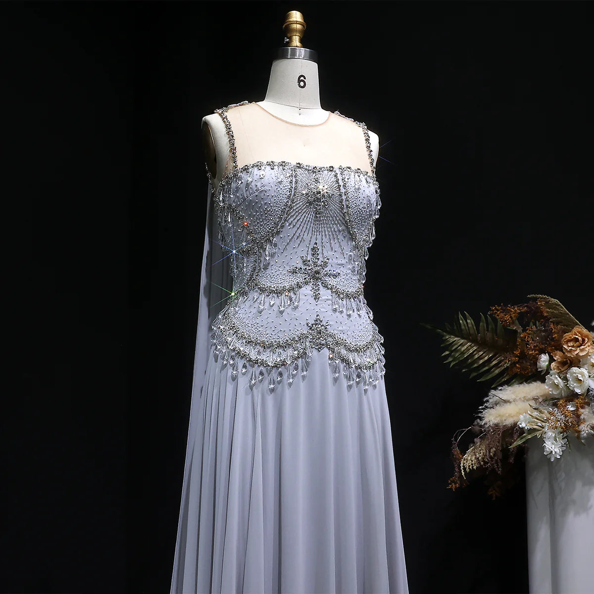 Dusty Rose Pleated Chiffon Gown with Chandelier Beading