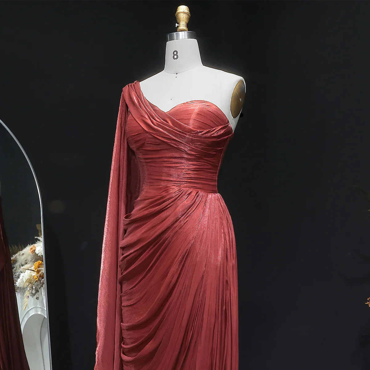 Metallic Ruched One-Shoulder Gown