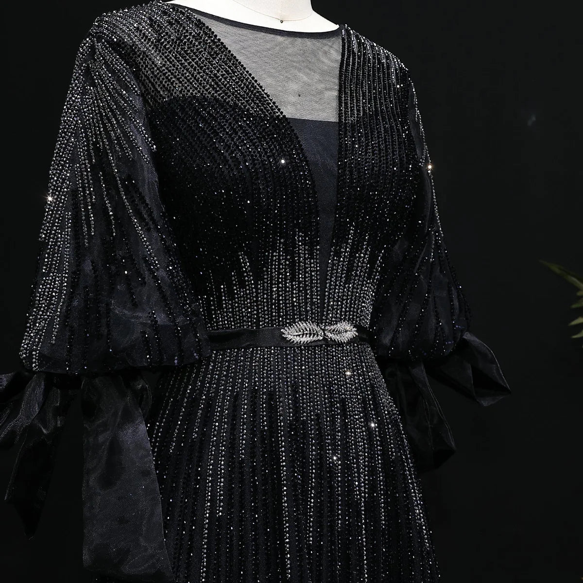 “Lumière Grace” Gown with Draped Sleeves and Vertical Crystal Beading