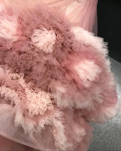 Strapless Pink Ruffled Tulle Couture Gown