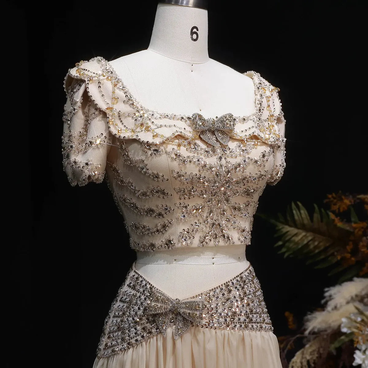 Elegant Fully Beaded Crop Top and Draped Skirt Set with Delicate Bows
